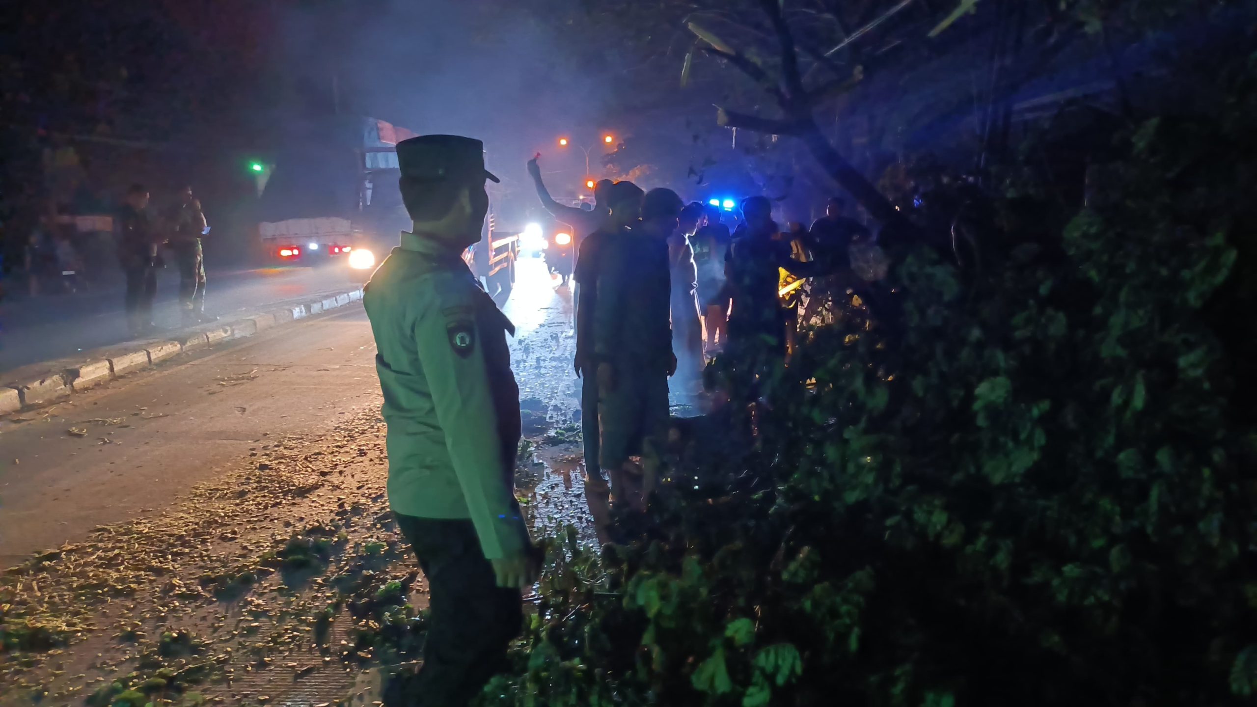 Polsek Pucuk Bersama TNI, Damkar, Dan Warga Evakuasi Pohon Tumbang Di Jalan Raya Lamongan-Babat